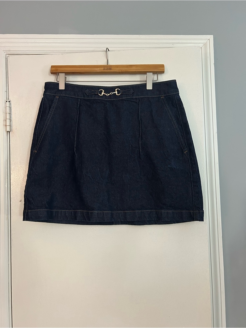 Express Dark Blue Denim Mini Skirt with Gold Horsebit Accent